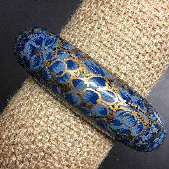 Bangle Bracelet Black Blue Gold As Is Flower Hand Painted Retro BoHo Soft Girl - Picture 2 of 5